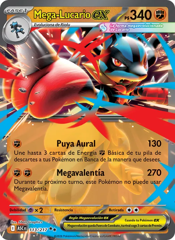 Carta Mega-Lucario ex de la expansión Héroes Ascendentes, número 113/217