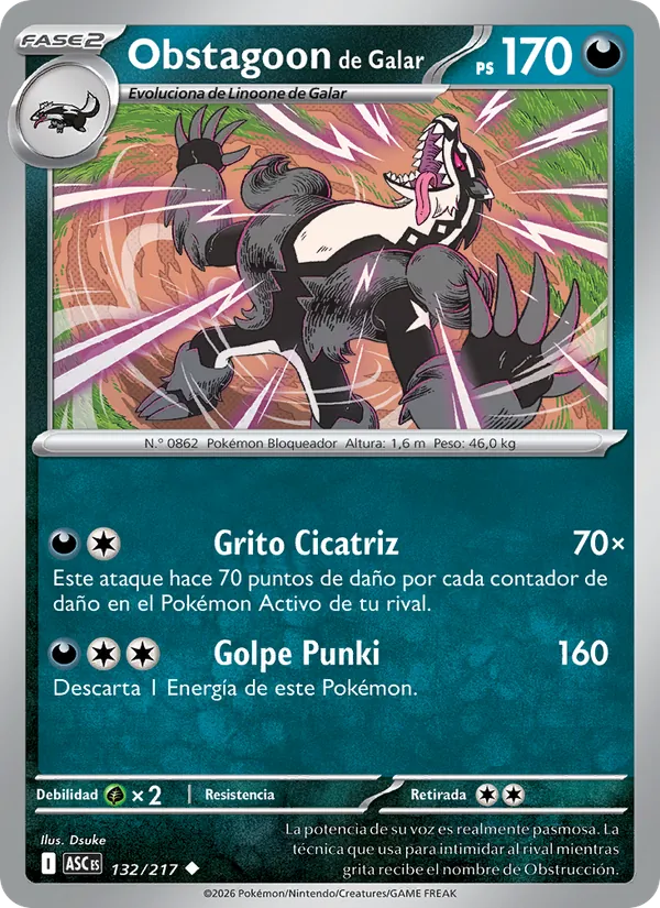 Carta Obstagoon de Galar de la expansión Héroes Ascendentes, número 132/217