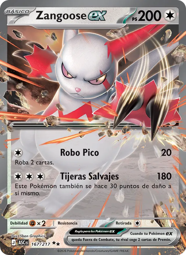 Carta Zangoose ex de la expansión Héroes Ascendentes, número 167/217