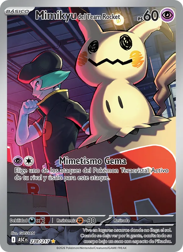Carta Mimikyu del Team Rocket de la expansión Héroes Ascendentes, número 238/217