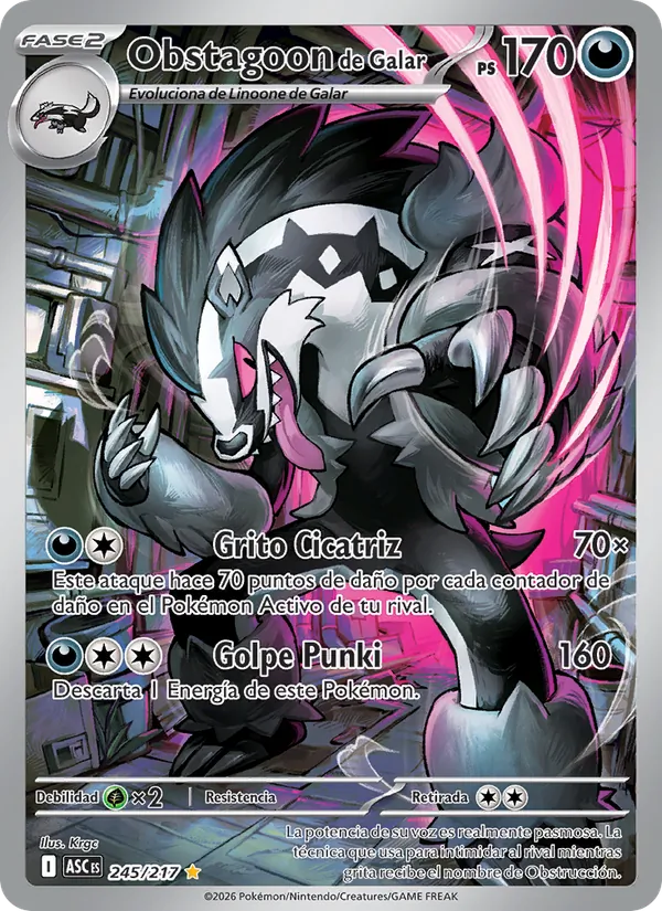 Carta Obstagoon de Galar de la expansión Héroes Ascendentes, número 245/217