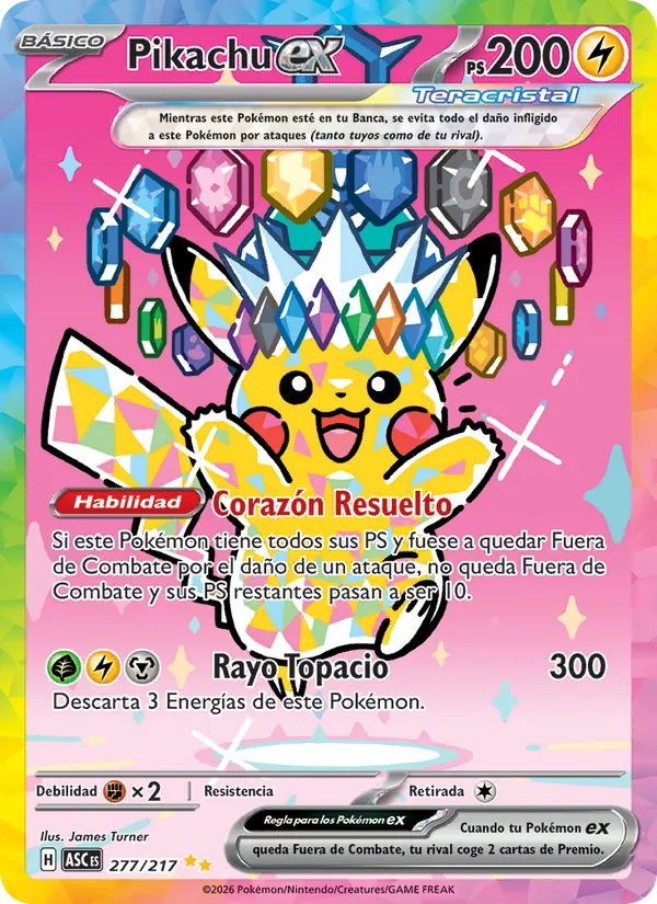 Carta Pikachu ex de la expansión Héroes Ascendentes, número 277/217