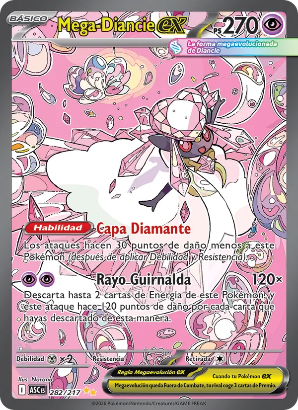 Carta Mega-Diancie ex de la expansión Héroes Ascendentes, número 282/217