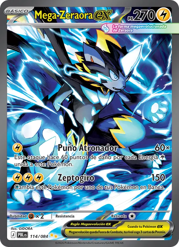 Carta Mega-Zeraora ex de la expansión Oscuridad Absoluta, número 114/84