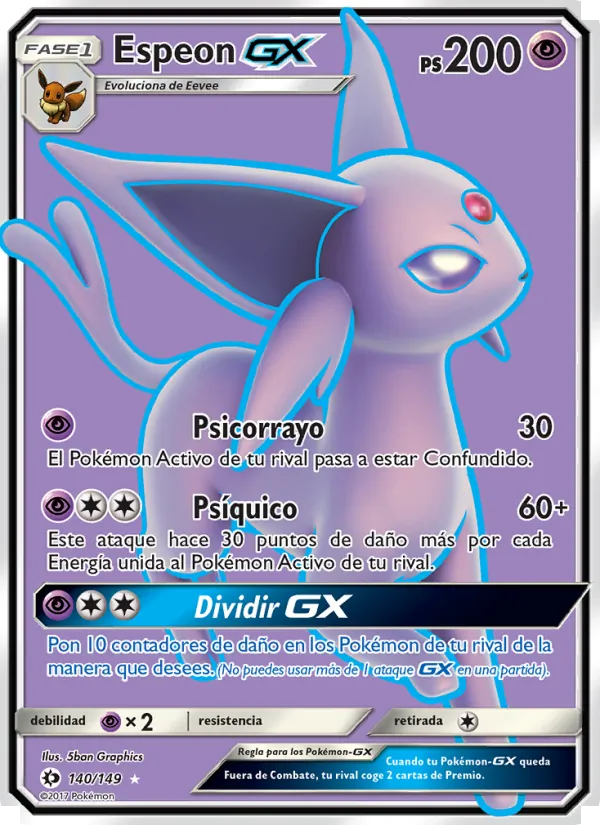 Carta Espeon GX de la expansión Sol y Luna, número 140/149