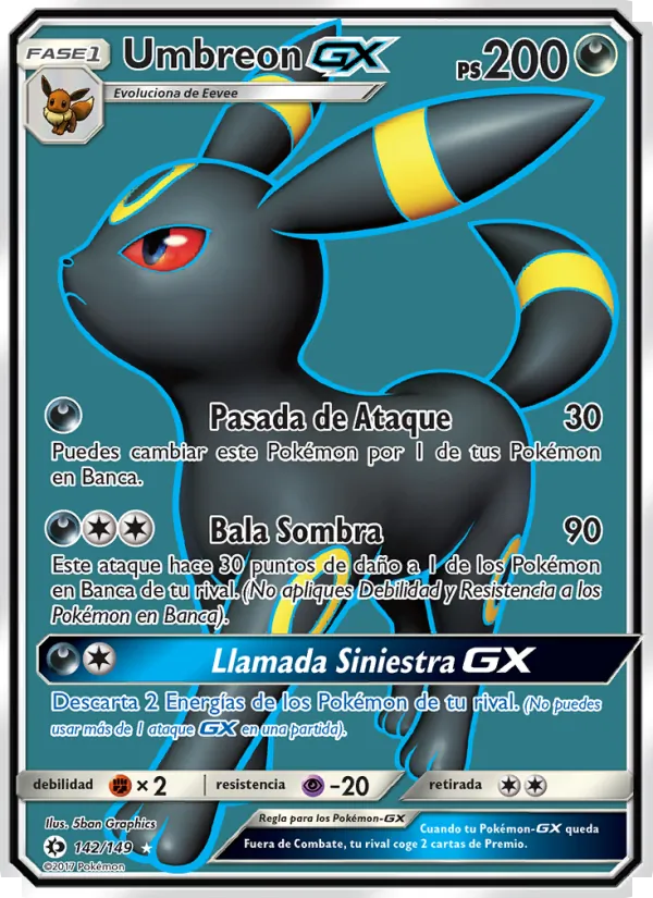 Carta Umbreon GX de la expansión Sol y Luna, número 142/149