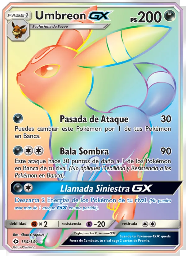 Carta Umbreon GX de la expansión Sol y Luna, número 154/149
