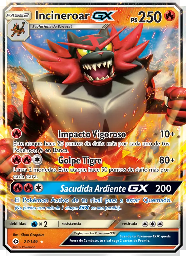 Carta Incineroar GX de la expansión Sol y Luna, número 27/149