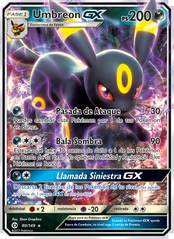 Carta Umbreon GX de la expansión Sol y Luna, número 80/149