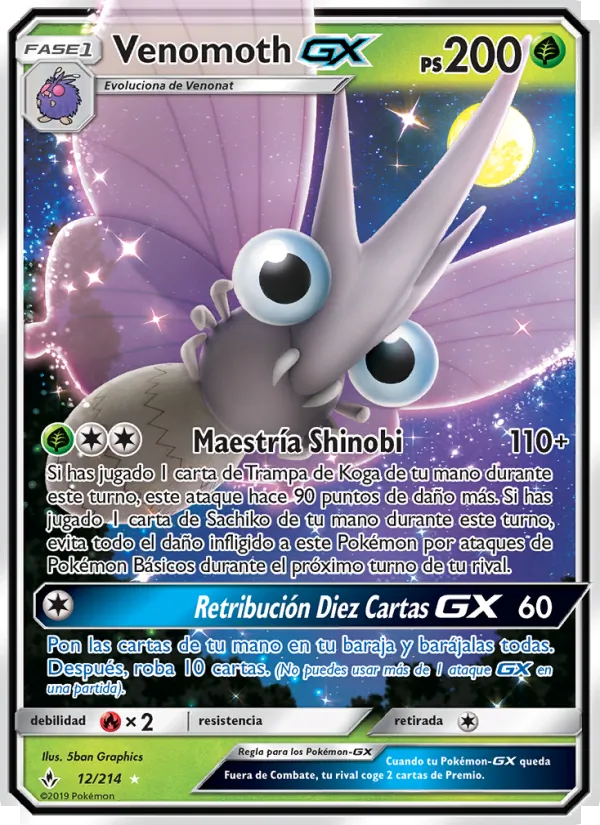 Carta Venomoth GX de la expansión Vínculos Indestructibles, número 12/214