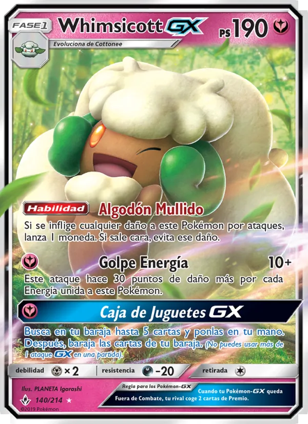 Carta Whimsicott GX de la expansión Vínculos Indestructibles, número 140/214