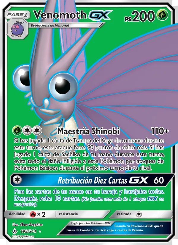 Carta Venomoth GX de la expansión Vínculos Indestructibles, número 193/214
