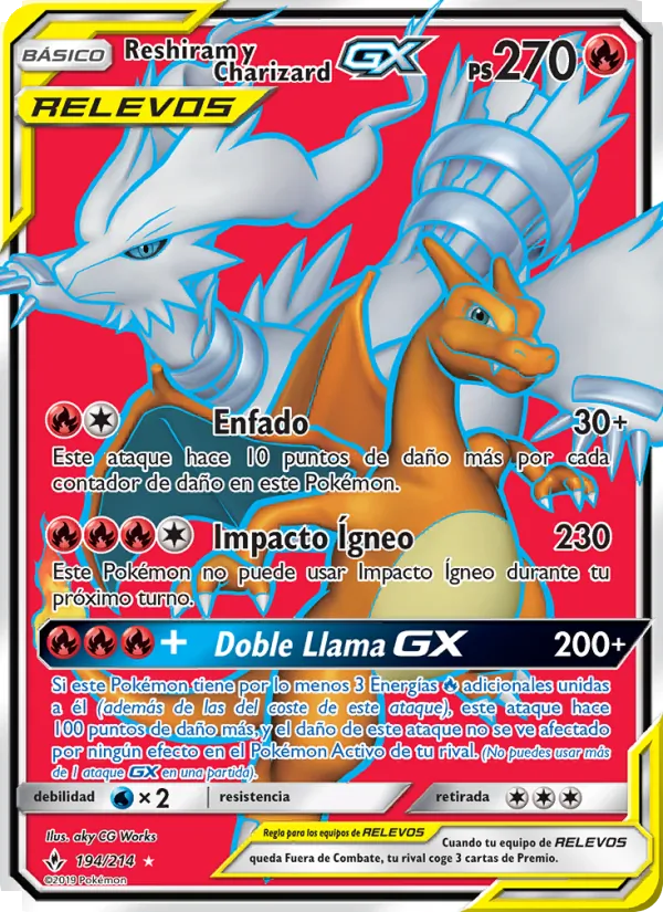 Carta Reshiram y Charizard GX de la expansión Vínculos Indestructibles, número 194/214