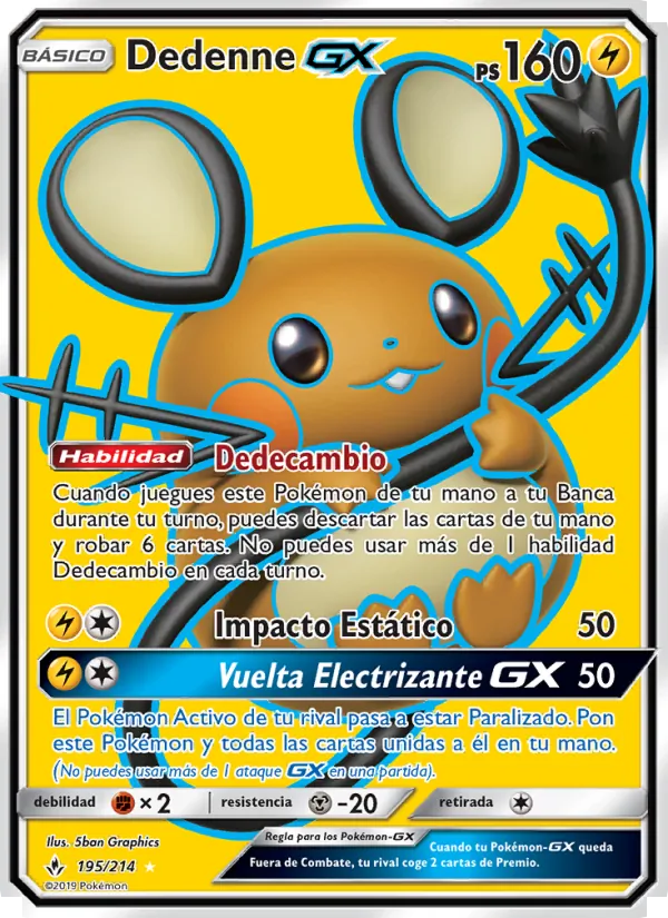 Carta Dedenne GX de la expansión Vínculos Indestructibles, número 195/214