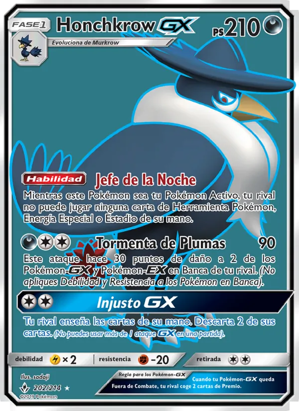 Carta Honchkrow GX de la expansión Vínculos Indestructibles, número 202/214