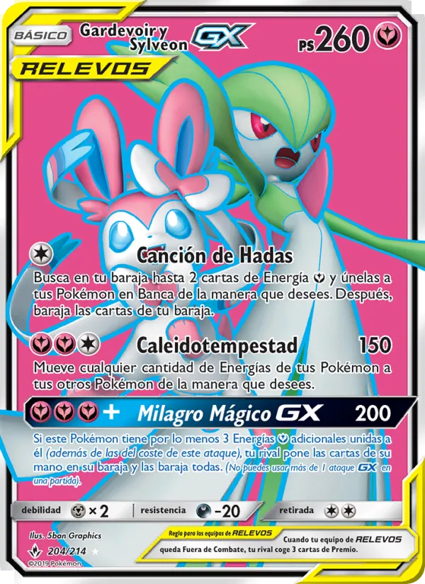 Carta Gardevoir y Sylveon GX de la expansión Vínculos Indestructibles, número 204/214