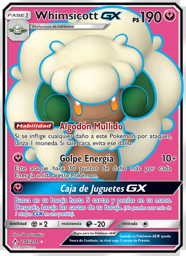 Carta Whimsicott GX de la expansión Vínculos Indestructibles, número 206/214