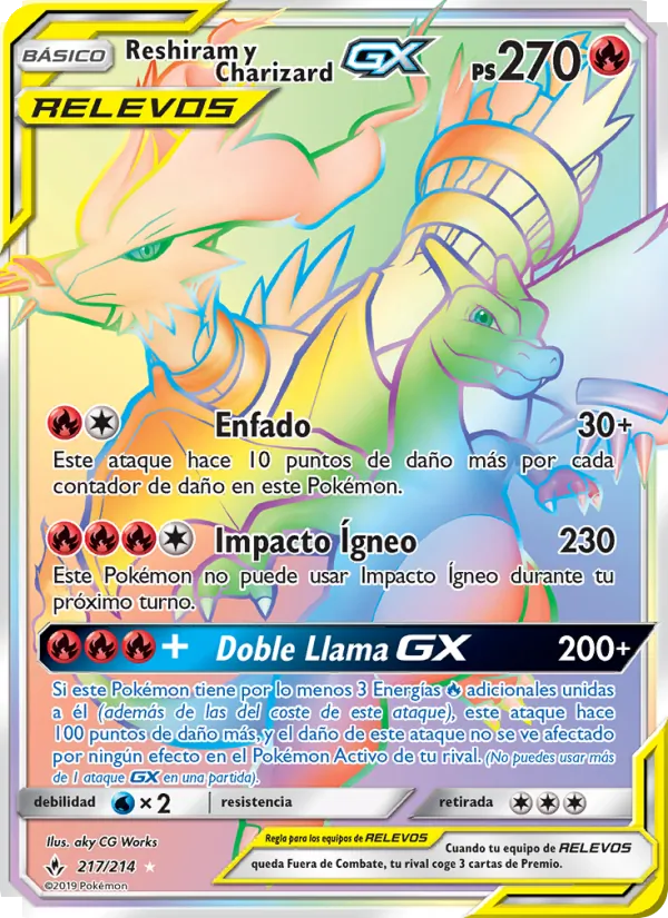 Carta Reshiram y Charizard GX de la expansión Vínculos Indestructibles, número 217/214