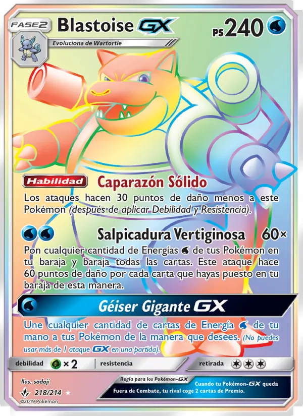Carta Blastoise GX de la expansión Vínculos Indestructibles, número 218/214