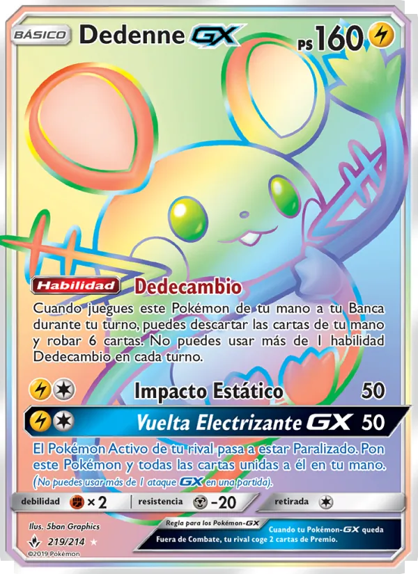 Carta Dedenne GX de la expansión Vínculos Indestructibles, número 219/214