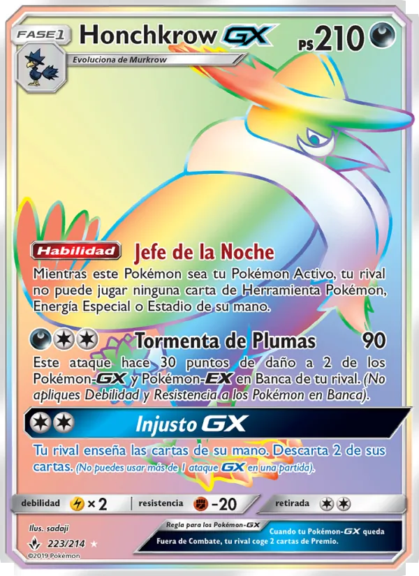 Carta Honchkrow GX de la expansión Vínculos Indestructibles, número 223/214