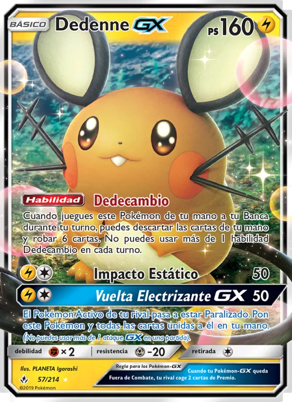Carta Dedenne GX de la expansión Vínculos Indestructibles, número 57/214
