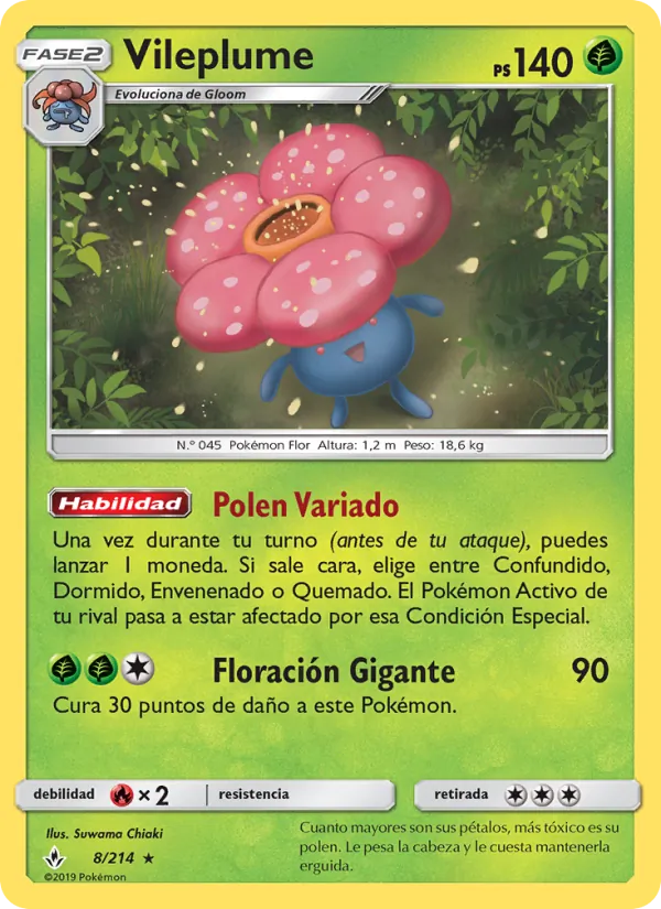 Carta Vileplume de la expansión Vínculos Indestructibles, número 8/214