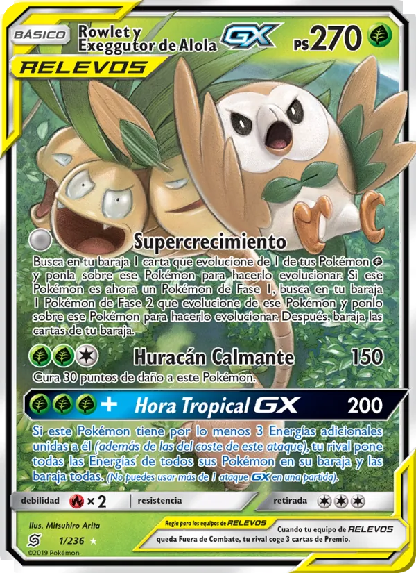 Carta Rowlet y Exeggutor de Alola GX de la expansión Mentes Unidas, número 1/236