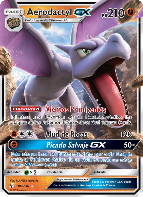 Carta Aerodactyl GX de la expansión Mentes Unidas, número 106/236