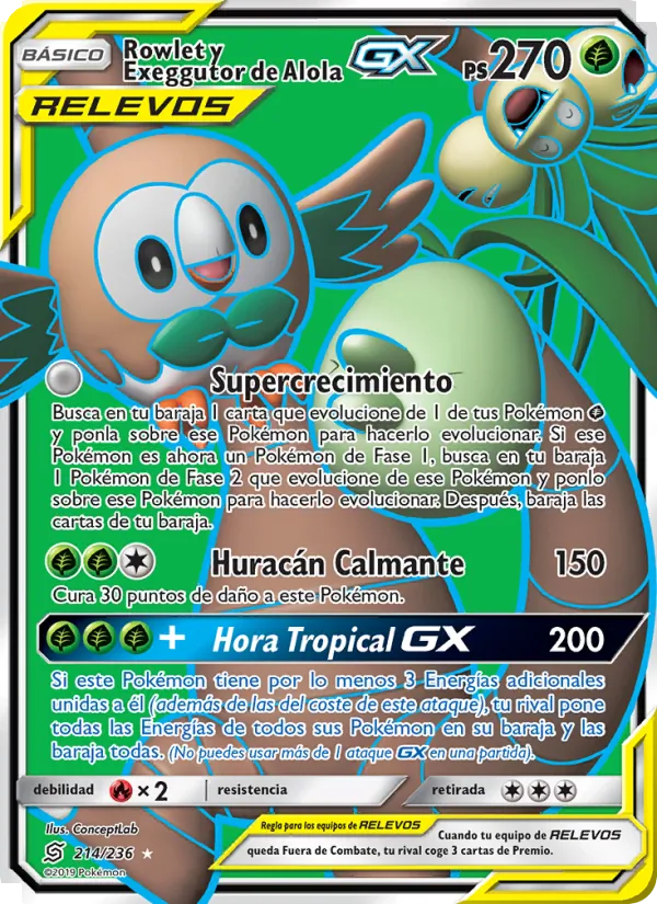 Carta Rowlet y Exeggutor de Alola GX de la expansión Mentes Unidas, número 214/236