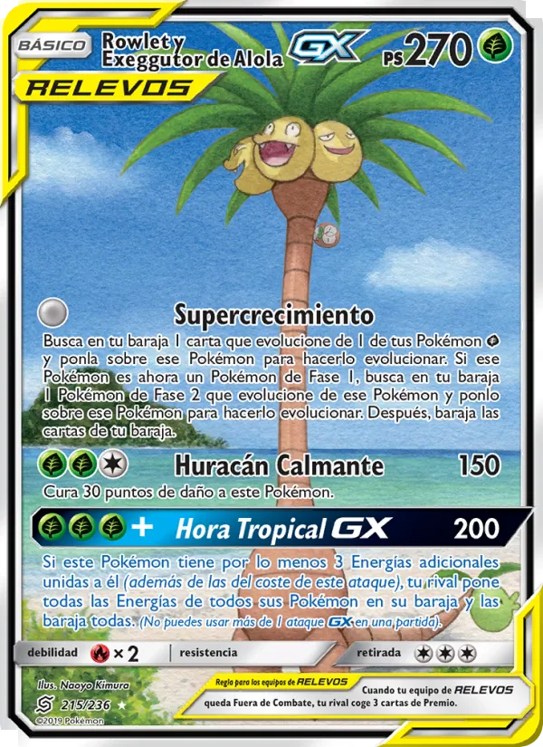 Carta Rowlet y Exeggutor de Alola GX de la expansión Mentes Unidas, número 215/236
