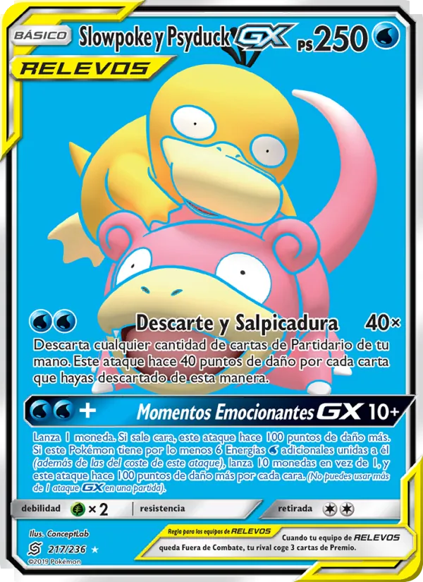 Carta Slowpoke y Psyduck GX de la expansión Mentes Unidas, número 217/236