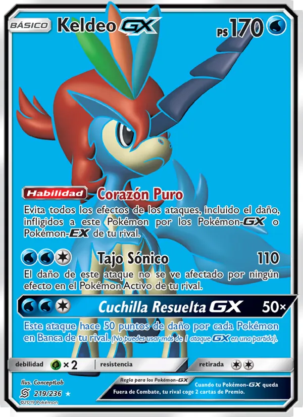 Carta Keldeo GX de la expansión Mentes Unidas, número 219/236