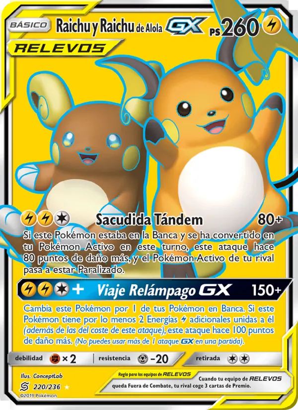 Carta Raichu y Raichu de Alola GX de la expansión Mentes Unidas, número 220/236