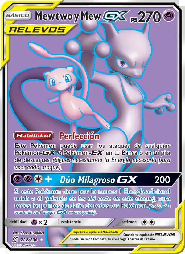 Carta Mewtwo y Mew GX de la expansión Mentes Unidas, número 222/236
