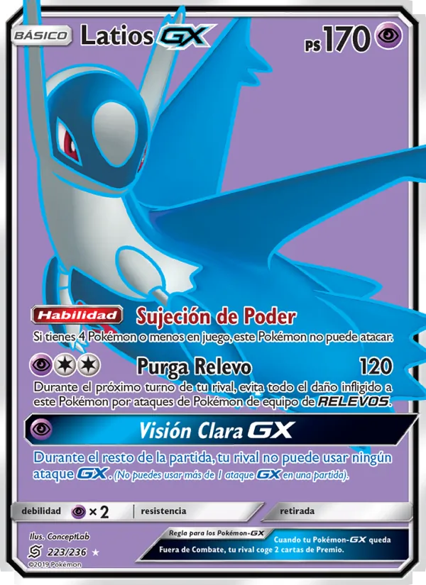 Carta Latios GX de la expansión Mentes Unidas, número 223/236