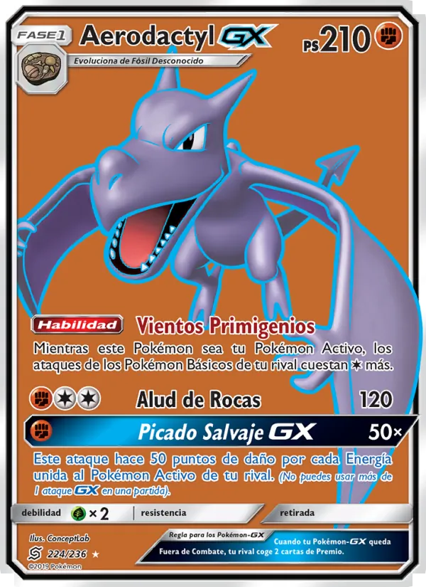 Carta Aerodactyl GX de la expansión Mentes Unidas, número 224/236