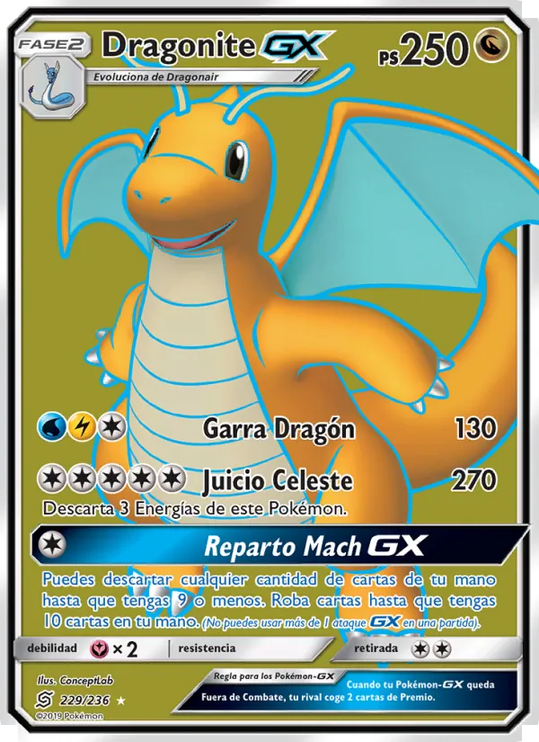 Carta Dragonite GX de la expansión Mentes Unidas, número 229/236