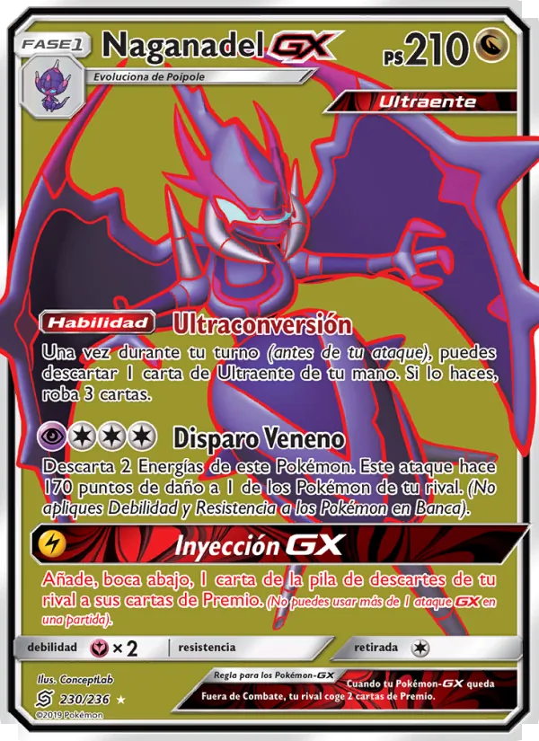 Carta Naganadel GX de la expansión Mentes Unidas, número 230/236
