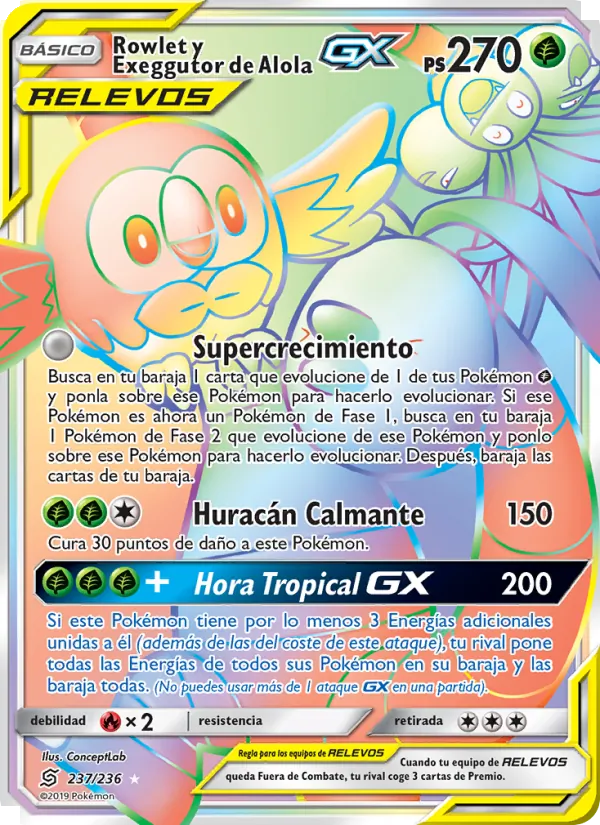 Carta Rowlet y Exeggutor de Alola GX de la expansión Mentes Unidas, número 237/236