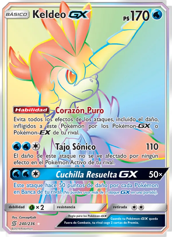 Carta Keldeo GX de la expansión Mentes Unidas, número 240/236