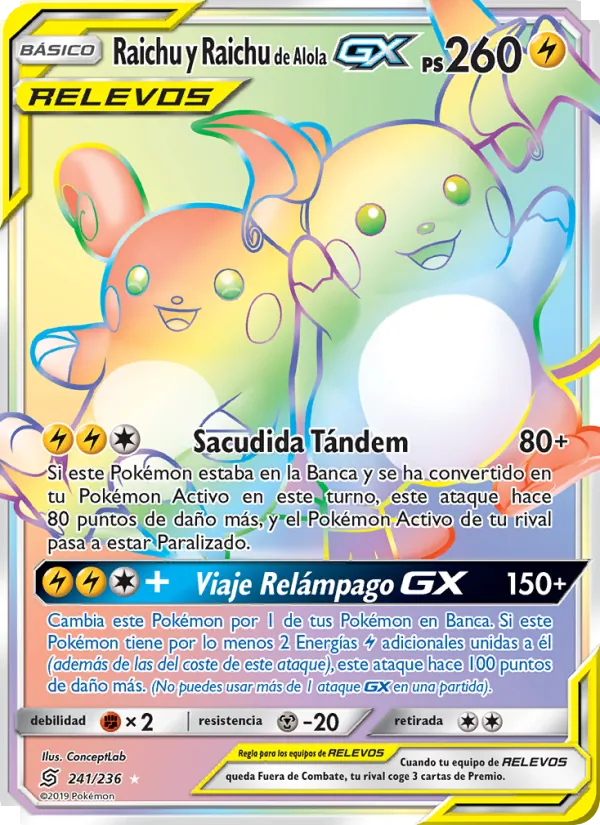 Carta Raichu y Raichu de Alola GX de la expansión Mentes Unidas, número 241/236