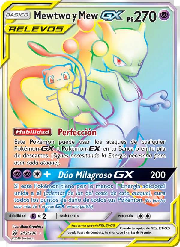 Carta Mewtwo y Mew GX de la expansión Mentes Unidas, número 242/236