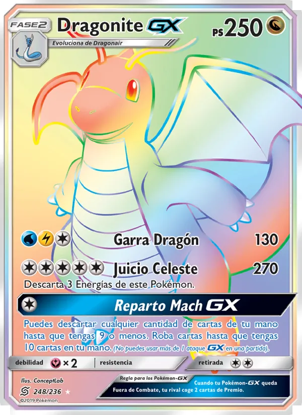 Carta Dragonite GX de la expansión Mentes Unidas, número 248/236
