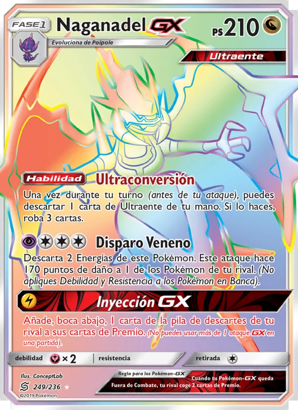 Carta Naganadel GX de la expansión Mentes Unidas, número 249/236