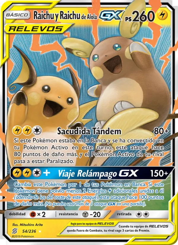 Carta Raichu y Raichu de Alola GX de la expansión Mentes Unidas, número 54/236