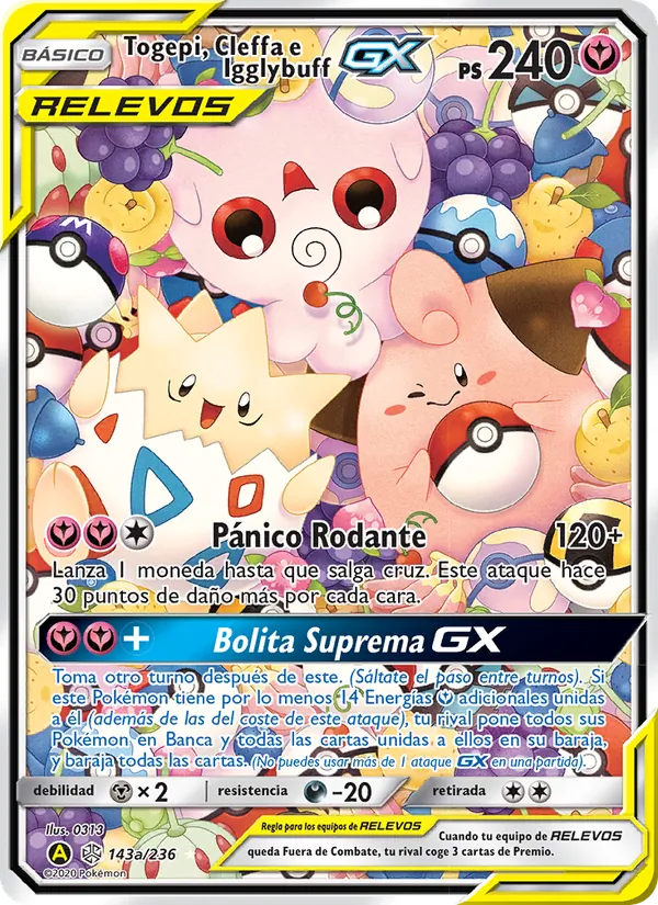 Carta Togepi, Cleffa e Igglybuff GX de la expansión Eclipse Cósmico, número 143/236
