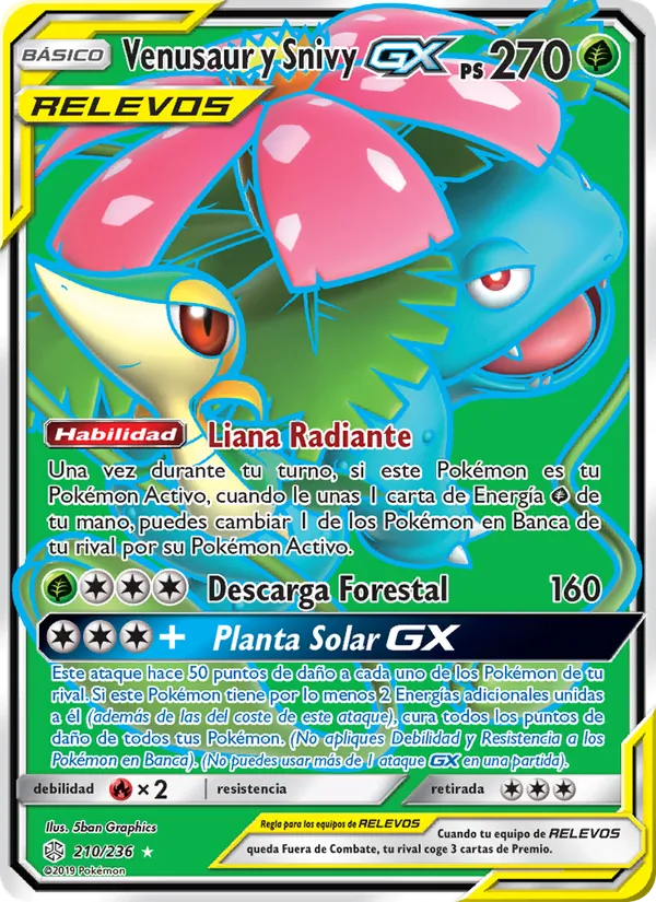 Carta Venusaur y Snivy GX de la expansión Eclipse Cósmico, número 210/236