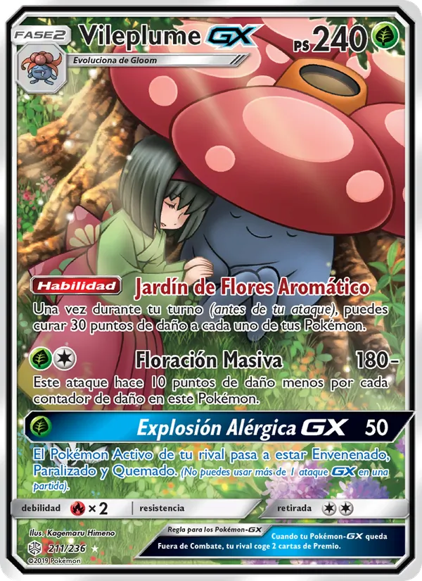 Carta Vileplume GX de la expansión Eclipse Cósmico, número 211/236