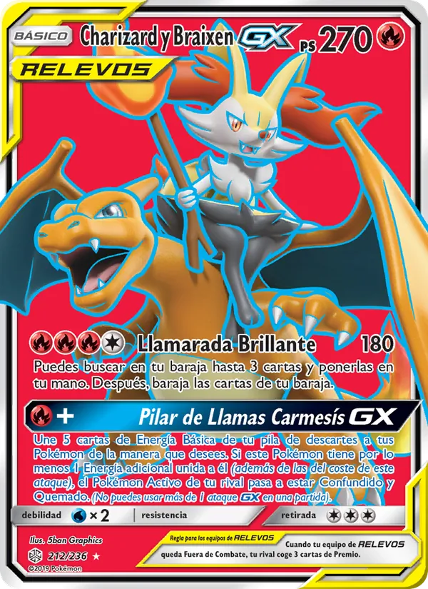 Carta Charizard y Braixen GX de la expansión Eclipse Cósmico, número 212/236